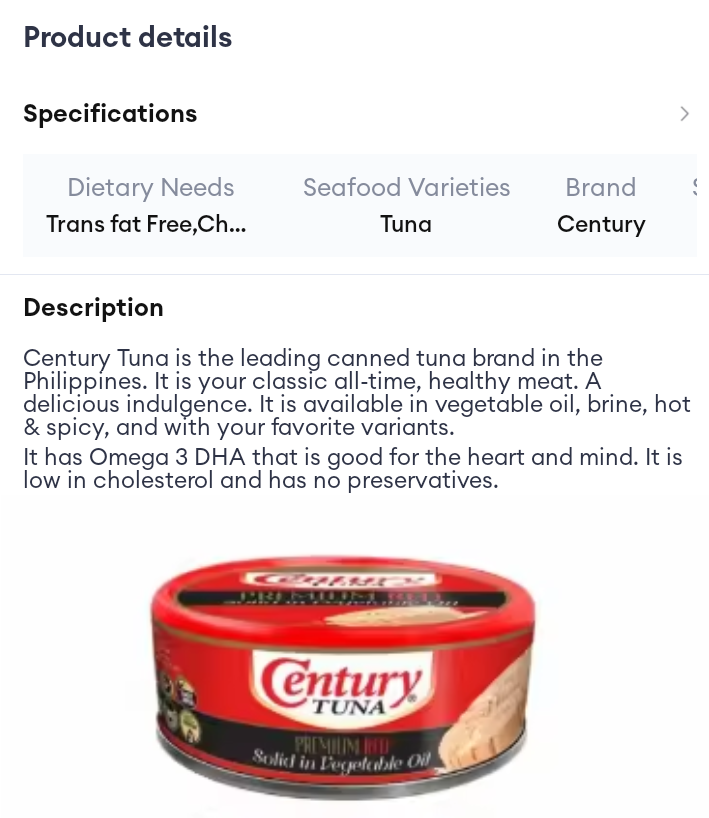 century Tuna solid in vegetable oil 180 grams.